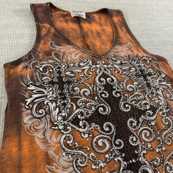 Vintage Grunge Long Tank Top Orange Tie Dye Black Cross Rhinestone Bling Y2K - Picture 2 of 8